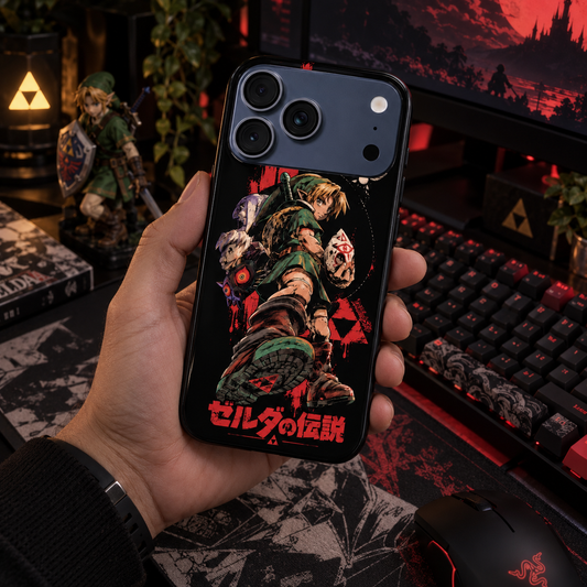 Zelda Link phone case (black) held in hand