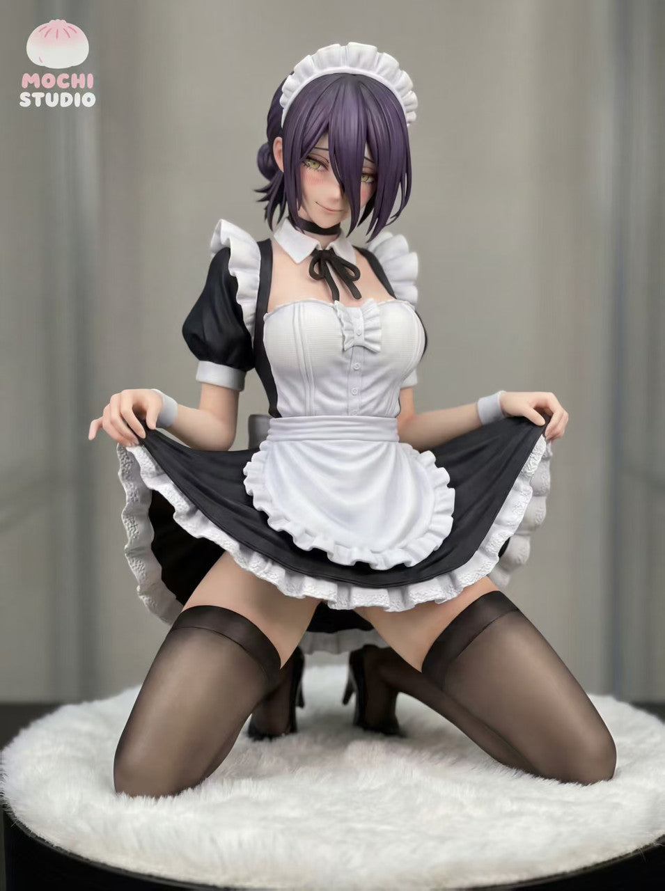 Mochi Studio Maid Reze Chainsaw Man resin statue kneeling in frilled maid dress, front view