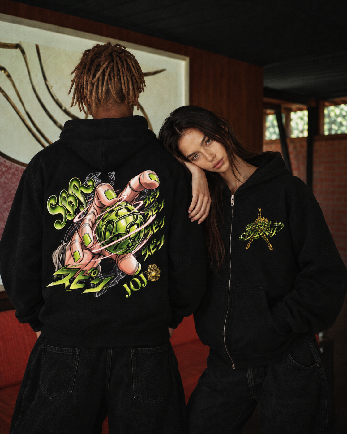 Steel Ball Run zip hoodie, studio front detail