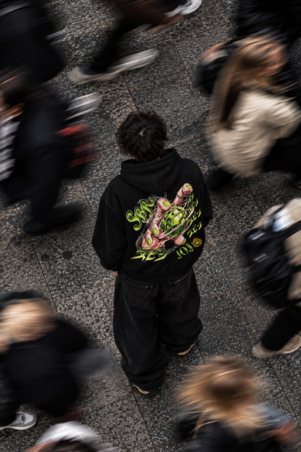 Steel Ball Run zip hoodie worn on the street, back print