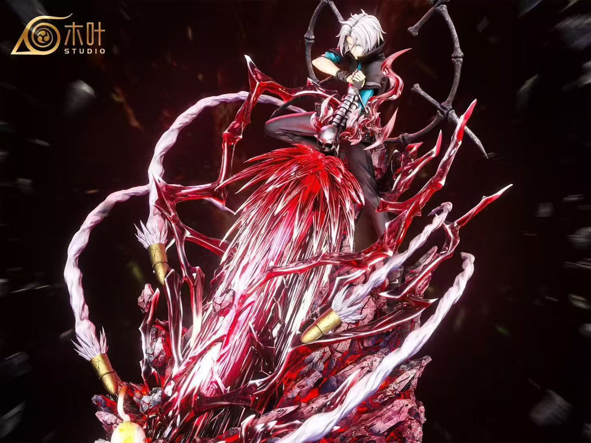 Hayato Gokudera statue with red light-column explosion effects