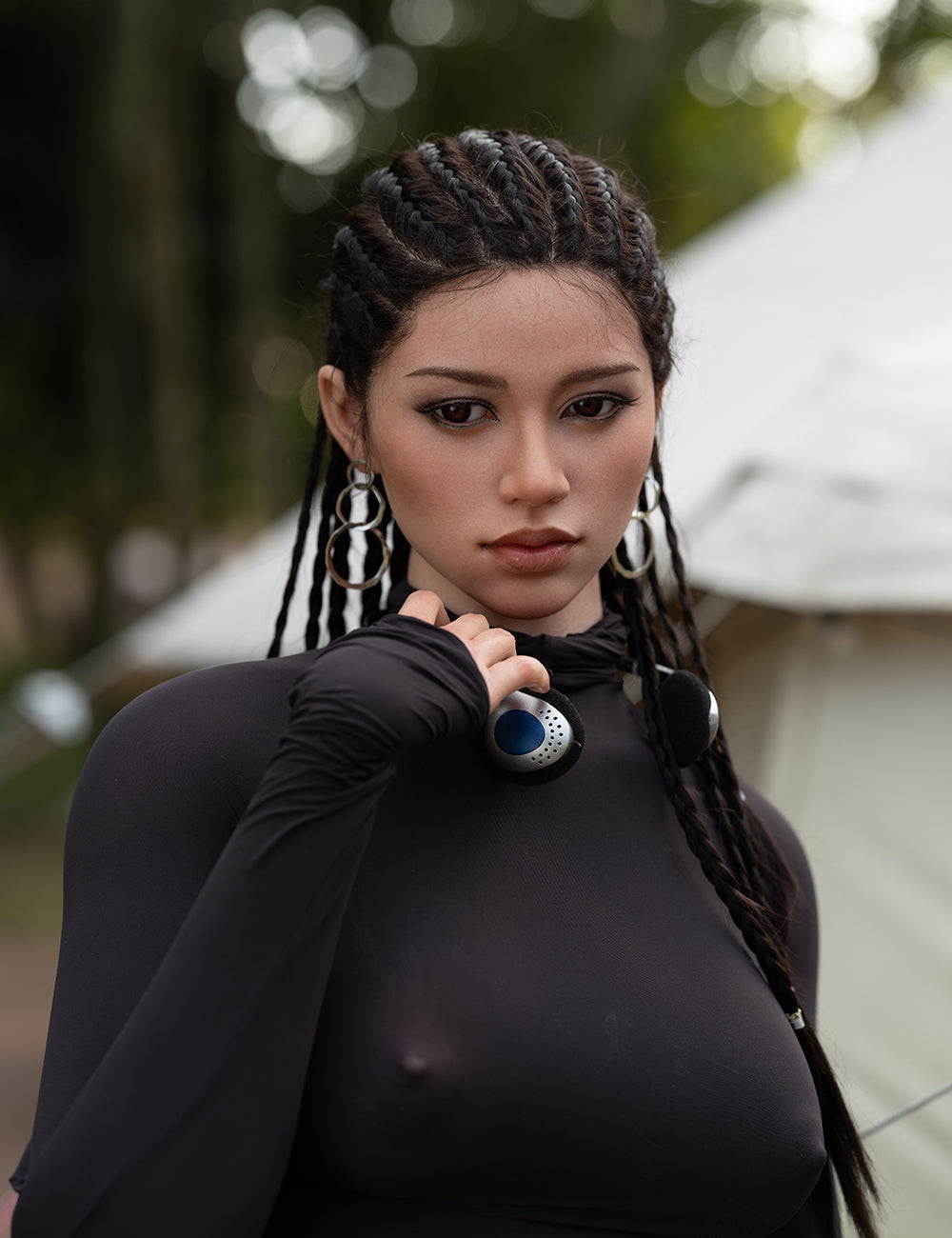 Amber silicone doll outdoors