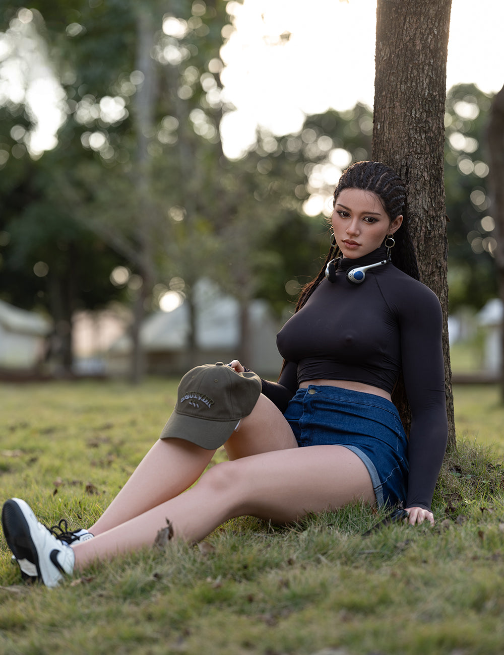 Amber silicone doll outdoors