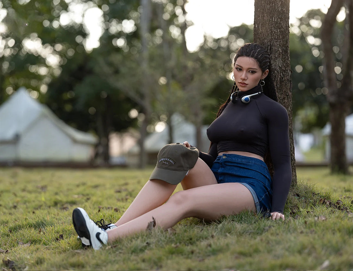 Amber silicone doll outdoors