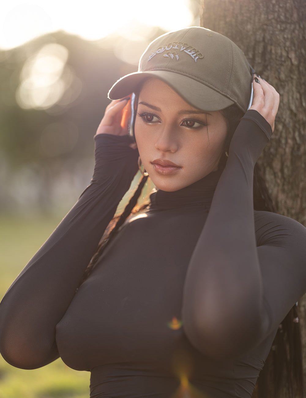 Amber silicone doll outdoors