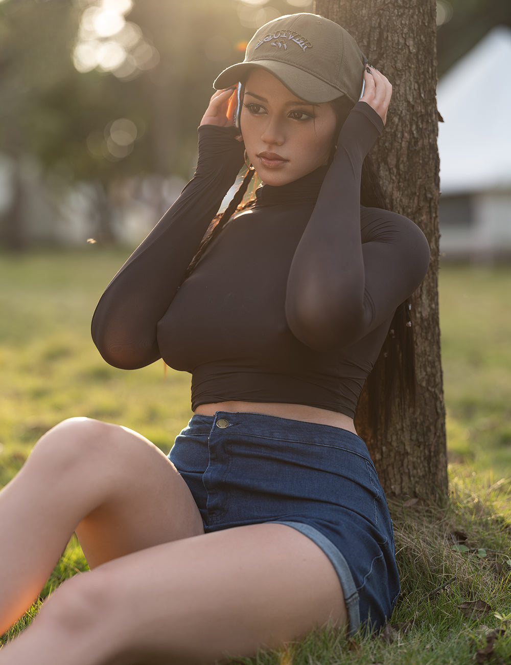 Amber silicone doll outdoors