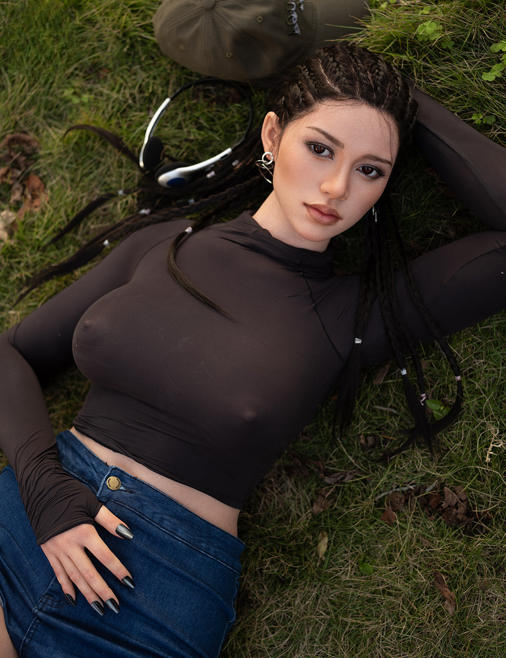 Amber silicone doll outdoors