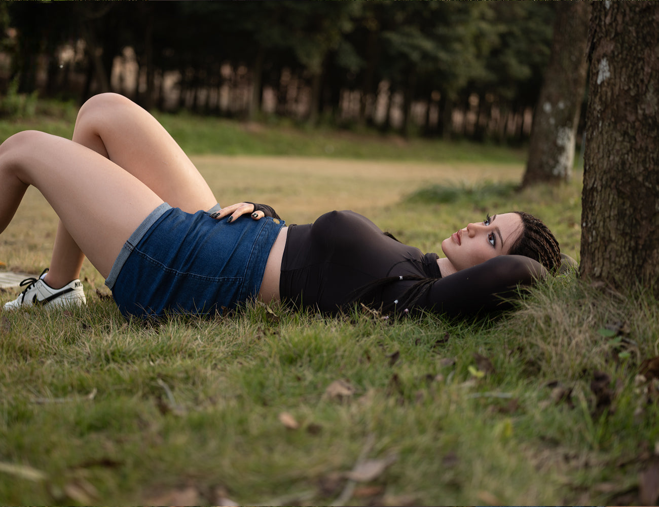 Amber silicone doll outdoors
