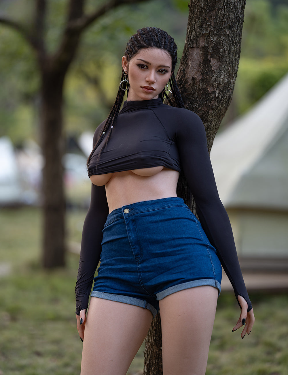 Amber silicone doll outdoors