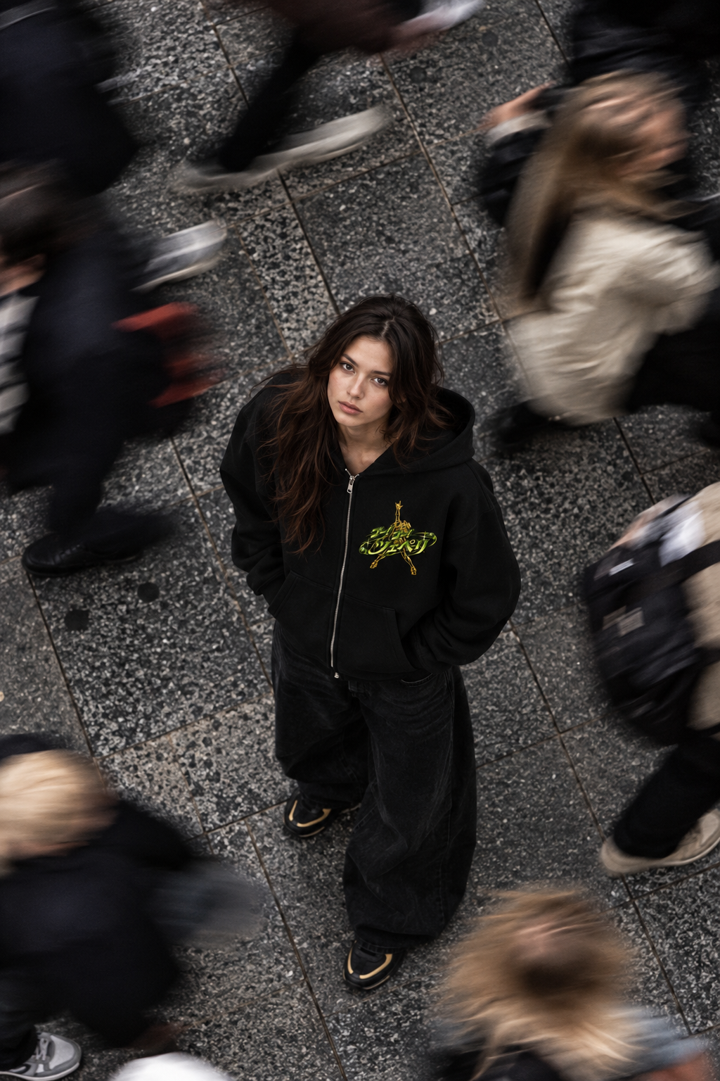 Steel Ball Run zip hoodie worn on the street, front