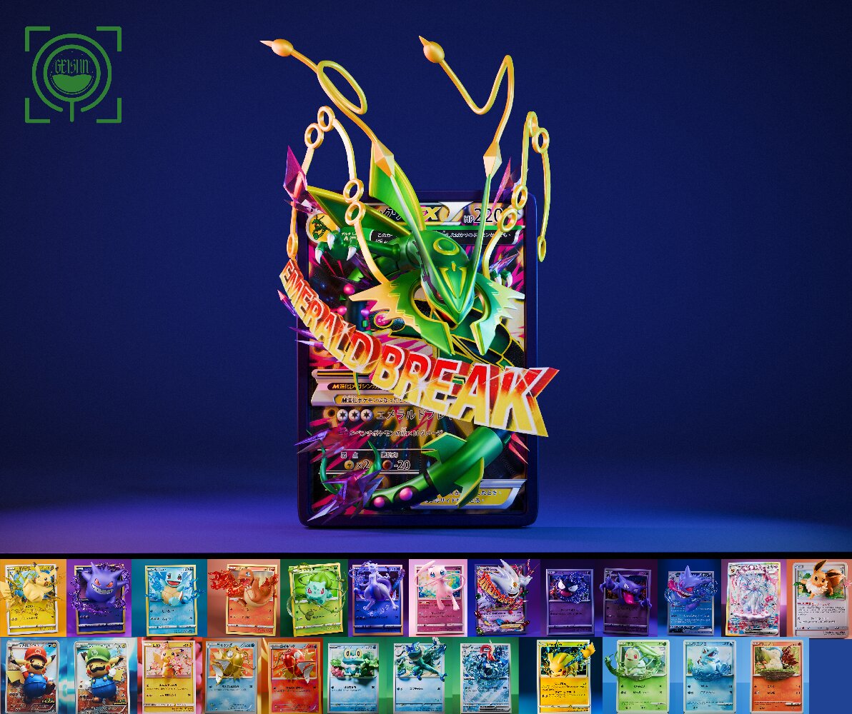 Pokemon - Geisha Studio Cards Episode #26 M Rayquaza EX resin statue - full card display - DaWeebStop