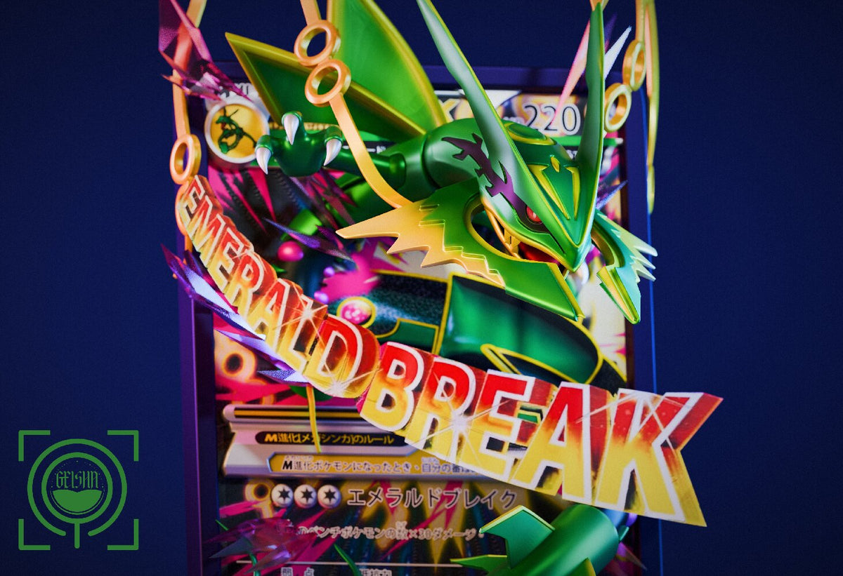 Pokemon - Geisha Studio Cards Episode #26 M Rayquaza EX resin statue - Emerald Break detail - DaWeebStop