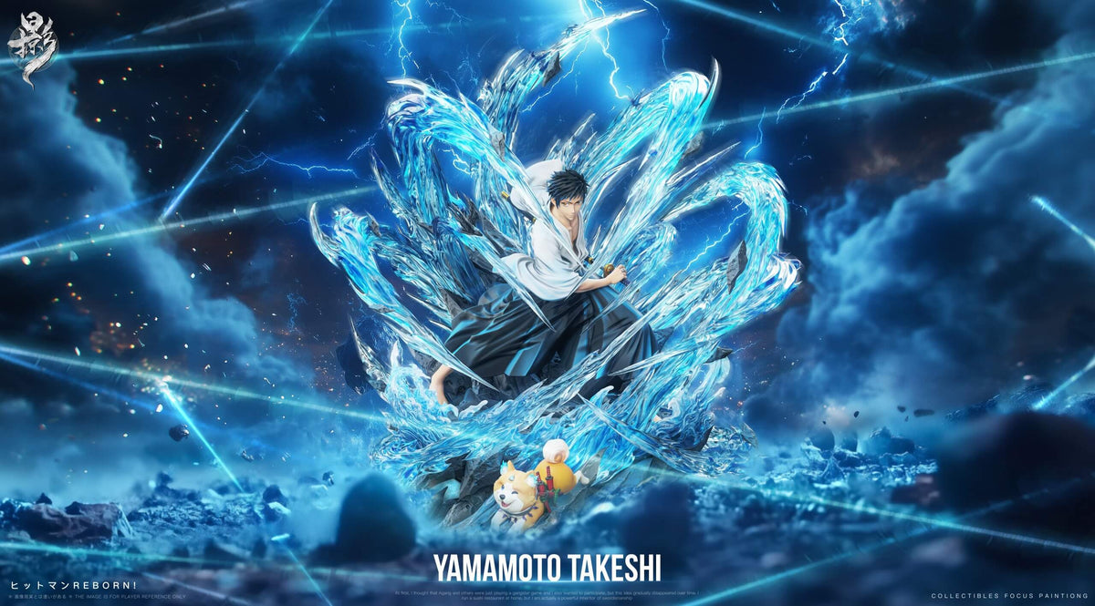 Yamamoto Takeshi statue wide poster with lightning backdrop