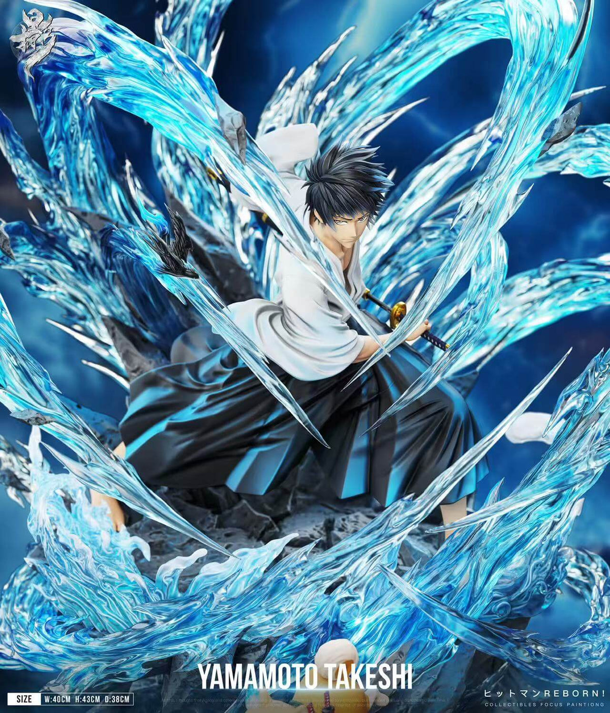 Yamamoto Takeshi statue front view with sword and water effects